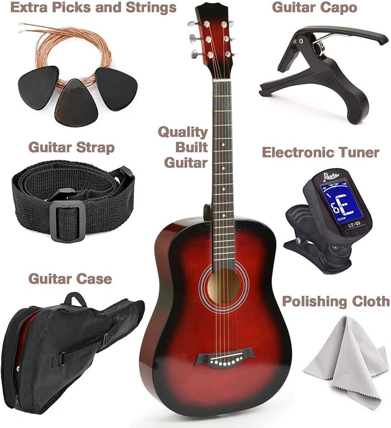 Masterplay Left Handed Acoustic Guitar For Kids By MasterPlay- 30” Beginner Guitar For Learners- Accoustic String Starter Kit: Guitar Bag, Tuner, Strap, Extra Strings, Picks, Wash Cloth, Capo (Redburst) - Image 2